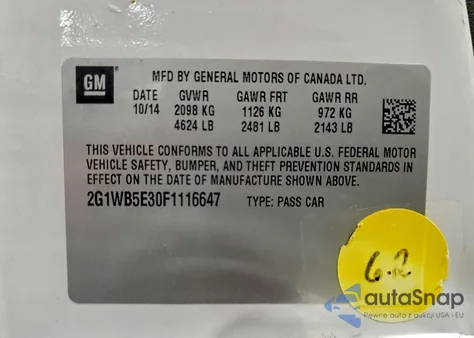 2015 Chevrolet Impala Limited Lt из США, поврежденный, VIN 2G1WB5E30F1116647